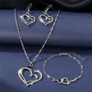 Heart Necklace Earrings Bracelet Jewelry Set