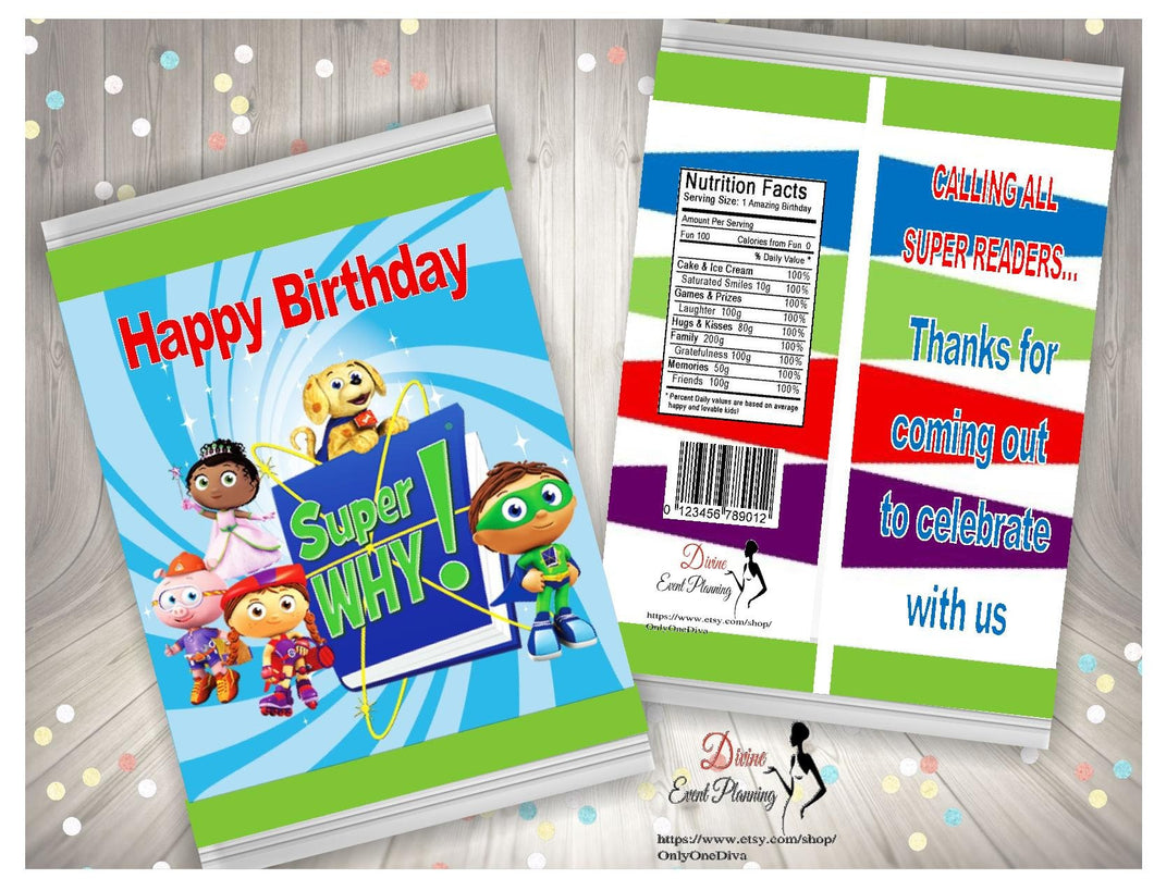 Super Why chip bag birthday treat bags club theme, party bags, diy, printable, instant download - Diva Accessories N More